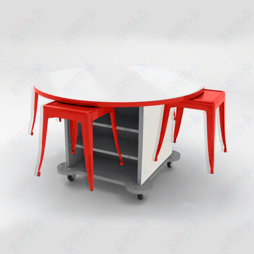 CEF Creation Cube Double - Sided Storage Table - 30"H, White Dry Erase Round Top, High - Pressure Laminate Base and 4 Metal Stools Included - SchoolOutlet