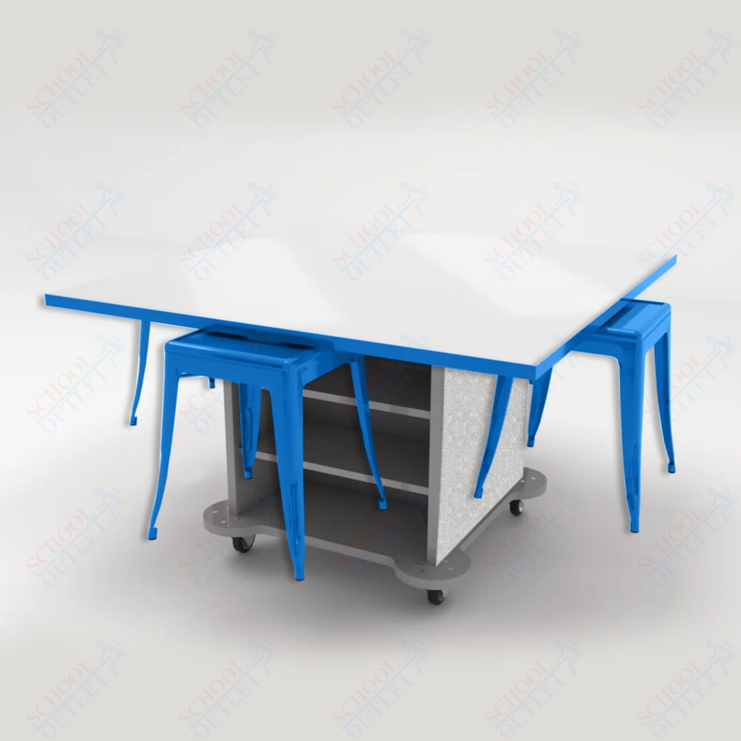 CEF Creation Cube Double - Sided Storage Table - 30"H, White Dry Erase Square Top, High - Pressure Laminate Base and 4 Metal Stools Included - SchoolOutlet