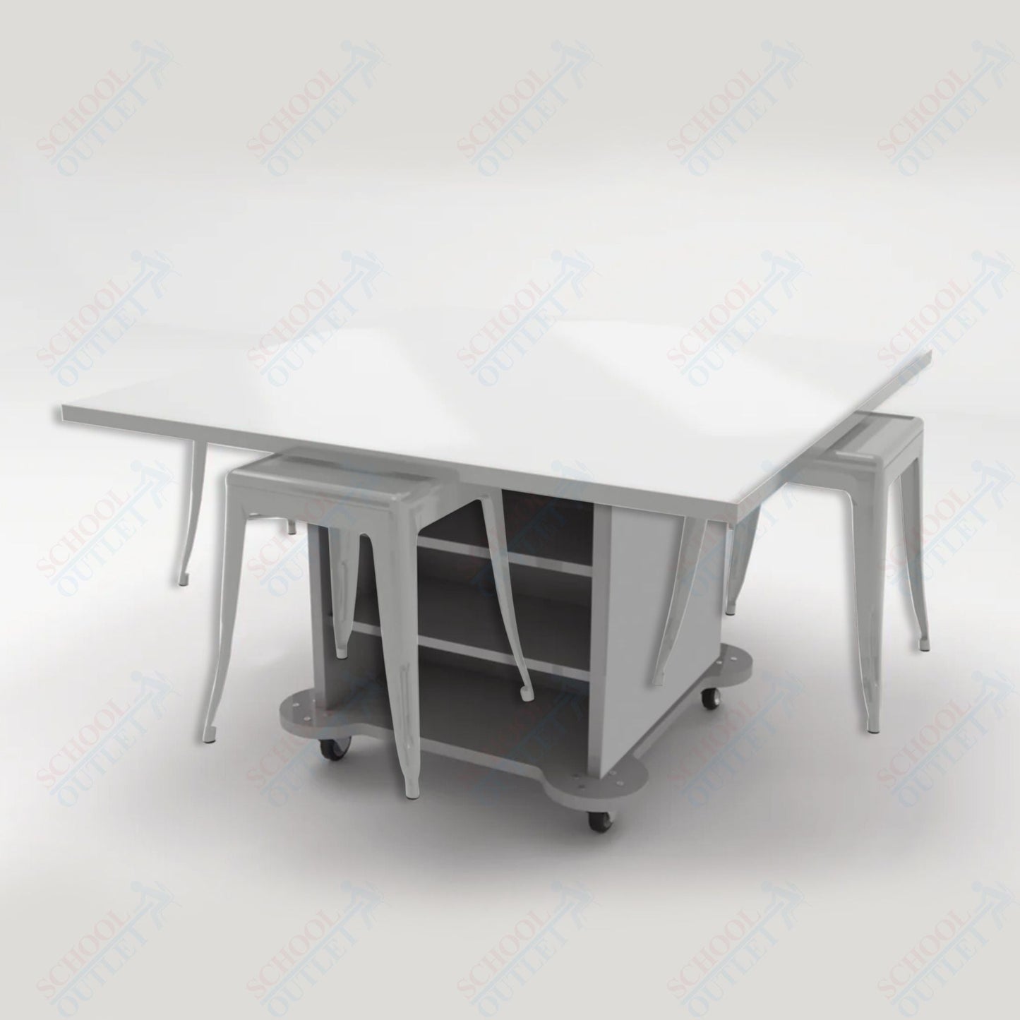 CEF Creation Cube Double - Sided Storage Table - 30"H, White Dry Erase Square Top, High - Pressure Laminate Base and 4 Metal Stools Included - SchoolOutlet