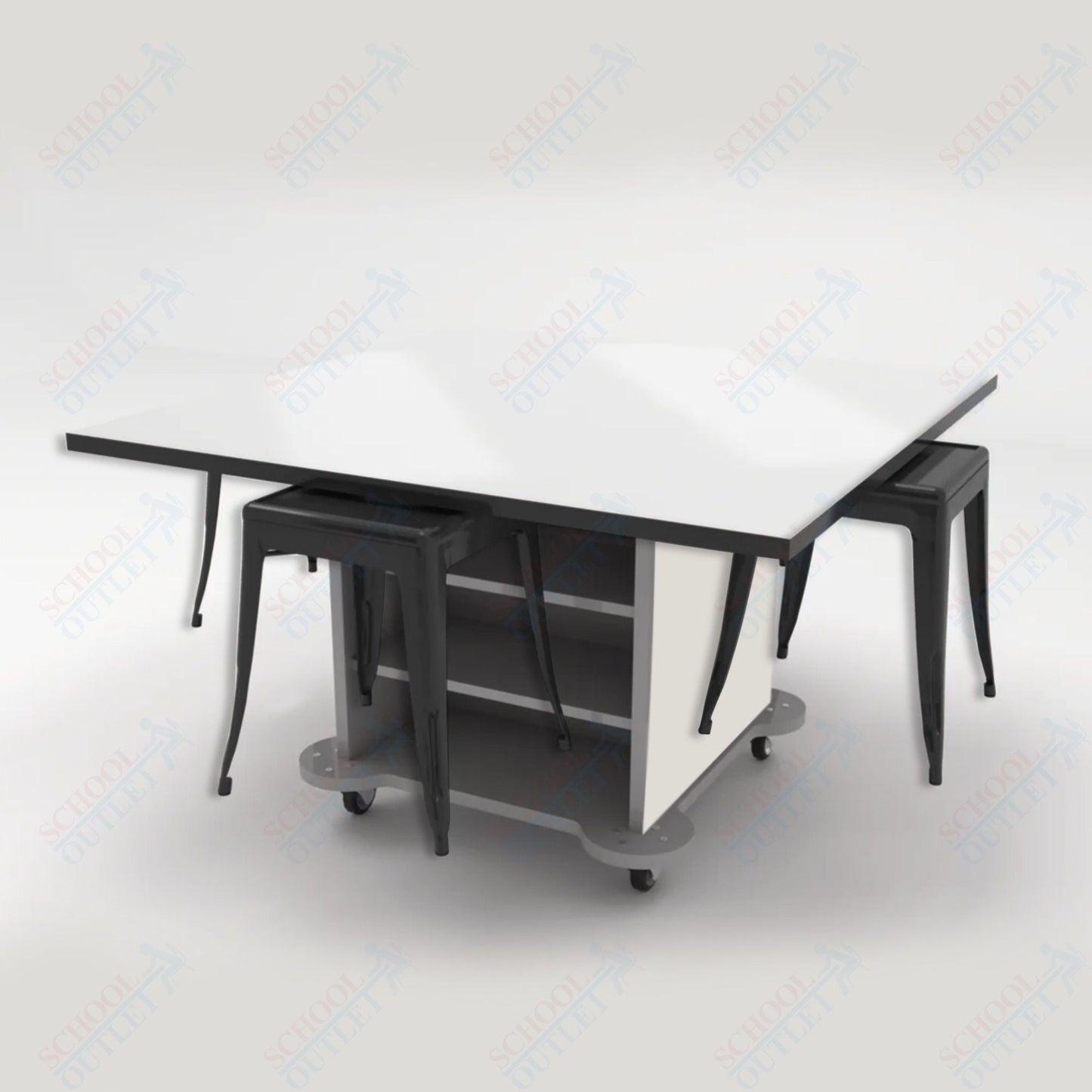 CEF Creation Cube Double - Sided Storage Table - 30"H, White Dry Erase Square Top, High - Pressure Laminate Base and 4 Metal Stools Included - SchoolOutlet
