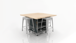 CEF Creation Cube Double-Sided Storage Table - 34"H, Square Butcher Block Top, High-Pressure Laminate Base and 4 Metal Stools Included