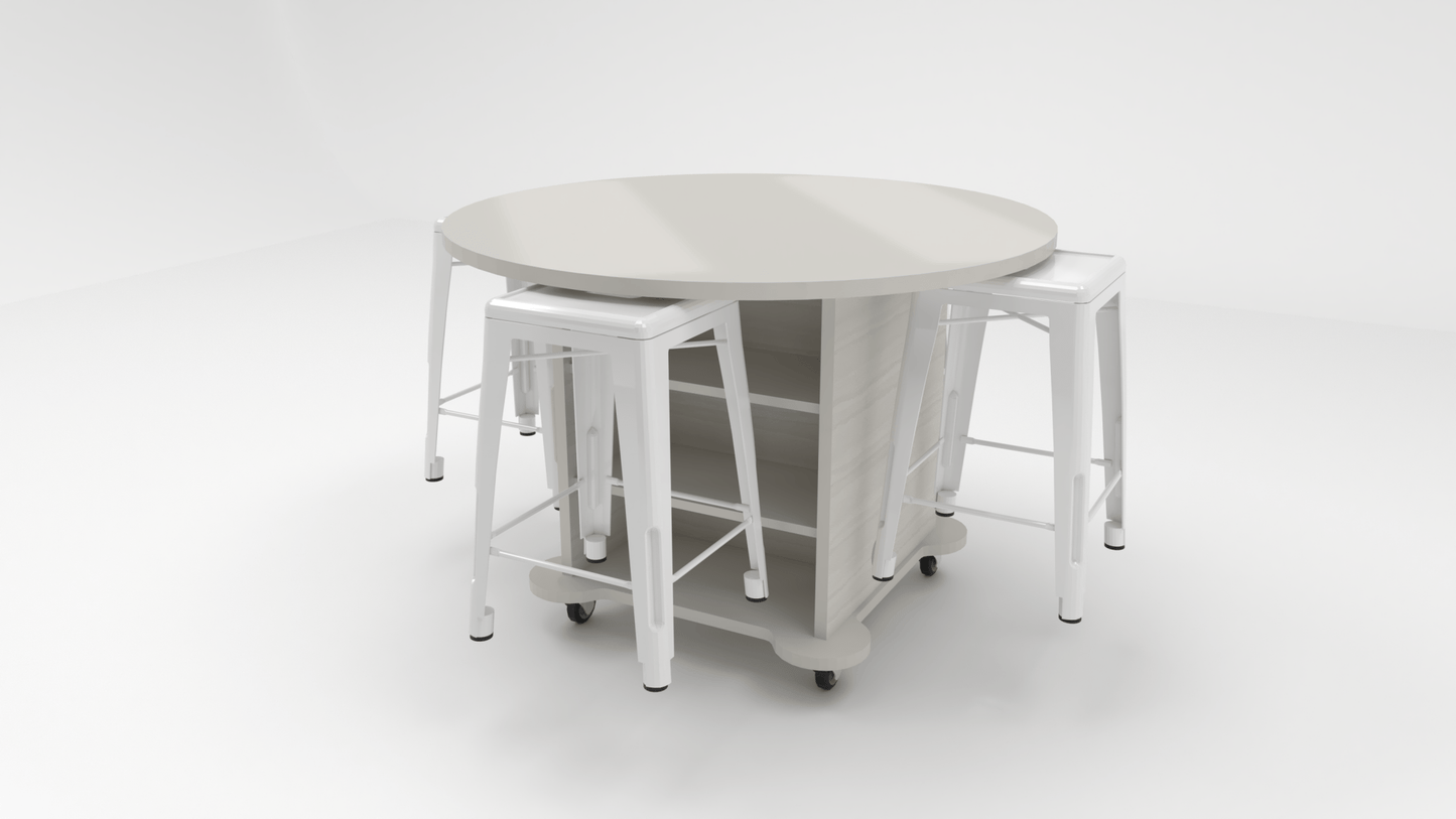 CEF Creation Cube Double-Sided Storage Table - 34"H, High-Pressure Laminate Base and Round Top - 4 Metal Stools Included - SchoolOutlet