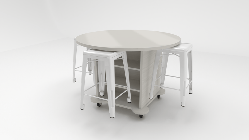 CEF Creation Cube Double-Sided Storage Table - 34"H, High-Pressure Laminate Base and Round Top - 4 Metal Stools Included - SchoolOutlet