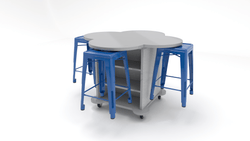 CEF Creation Cube Double-Sided Storage Table - 34"H, High-Pressure Laminate Base and Clover Top - 4 Metal Stools Included