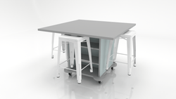 CEF Creation Cube Double-Sided Storage Table - 34"H, High-Pressure Laminate Base and Square Top - 4 Metal Stools Included