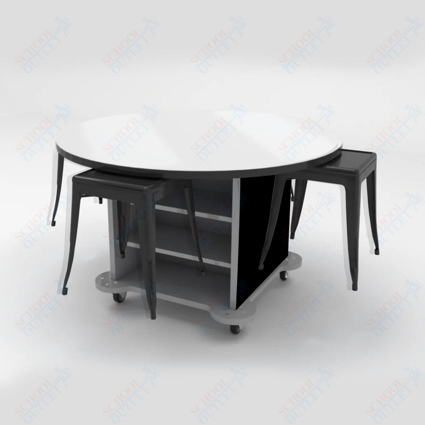 CEF Creation Cube Double - Sided Storage Table - 34"H, White Dry Erase Round Top, High - Pressure Laminate Base and 4 Metal Stools Included - SchoolOutlet