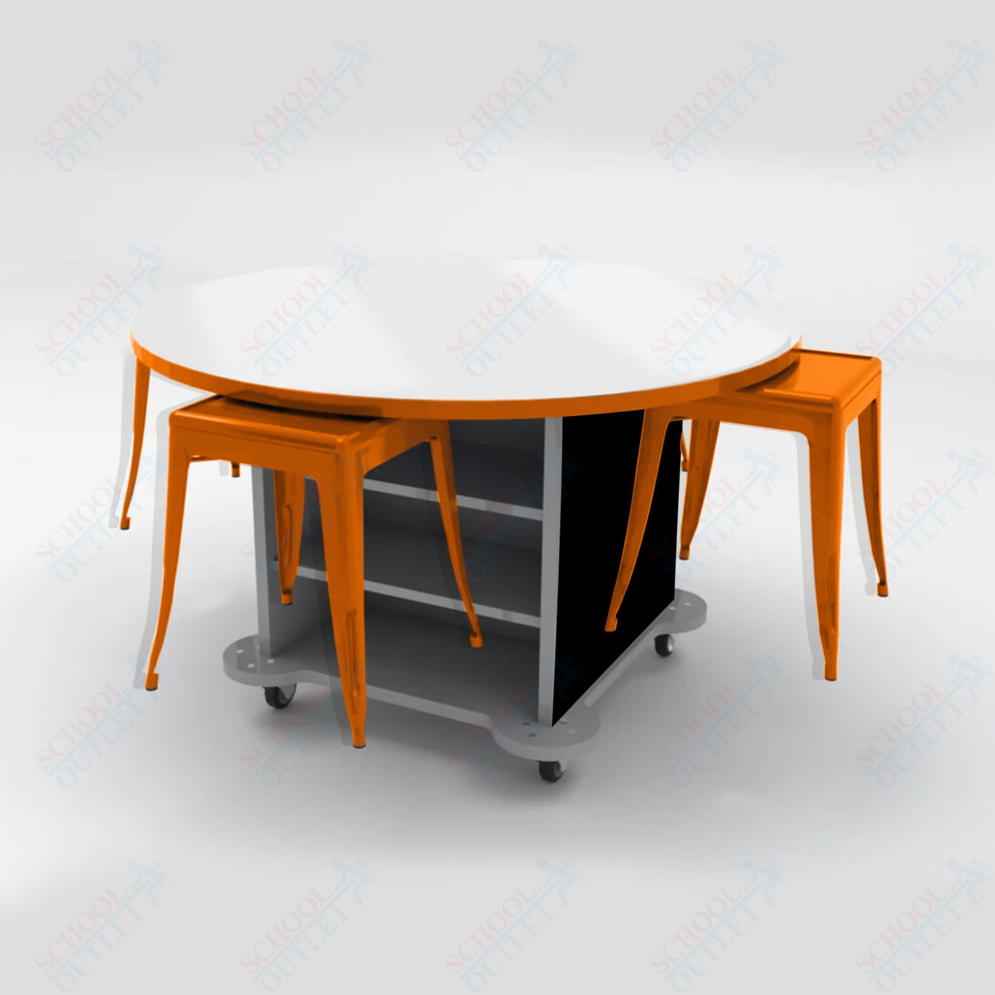 CEF Creation Cube Double - Sided Storage Table - 34"H, White Dry Erase Round Top, High - Pressure Laminate Base and 4 Metal Stools Included - SchoolOutlet