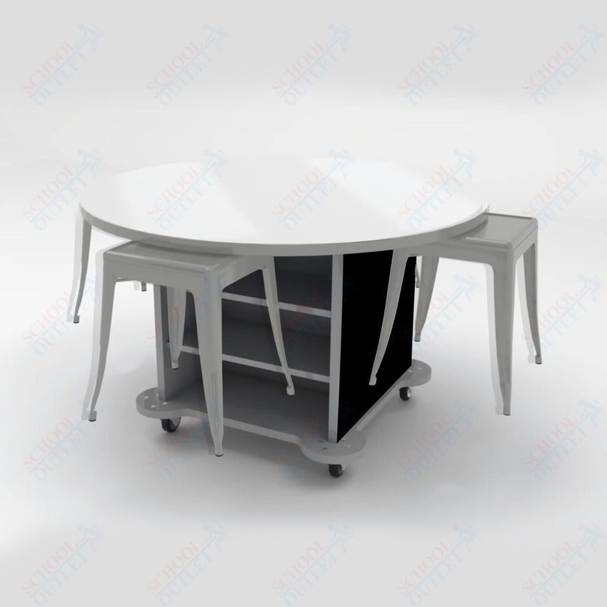 CEF Creation Cube Double - Sided Storage Table - 34"H, White Dry Erase Round Top, High - Pressure Laminate Base and 4 Metal Stools Included - SchoolOutlet