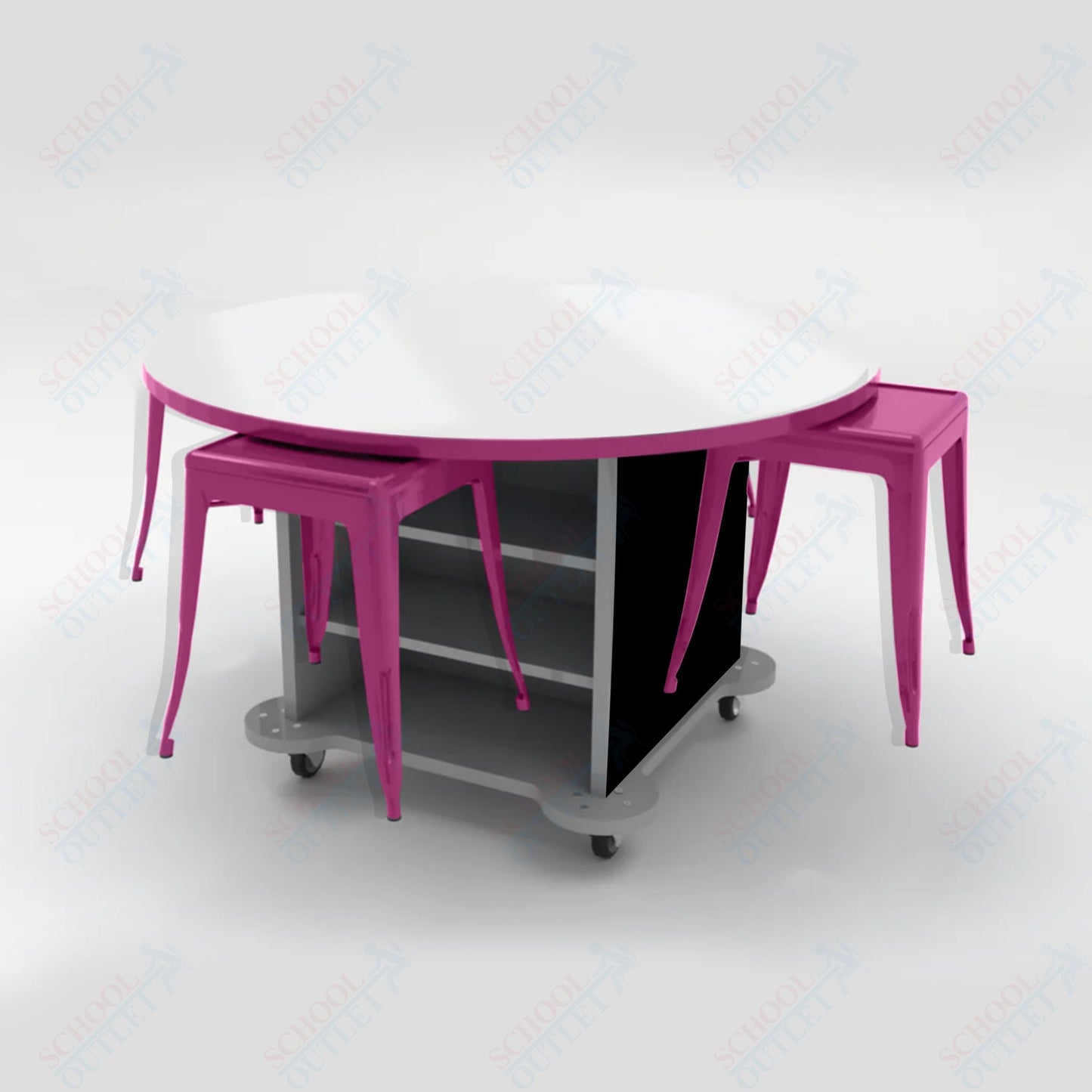 CEF Creation Cube Double - Sided Storage Table - 34"H, White Dry Erase Round Top, High - Pressure Laminate Base and 4 Metal Stools Included - SchoolOutlet