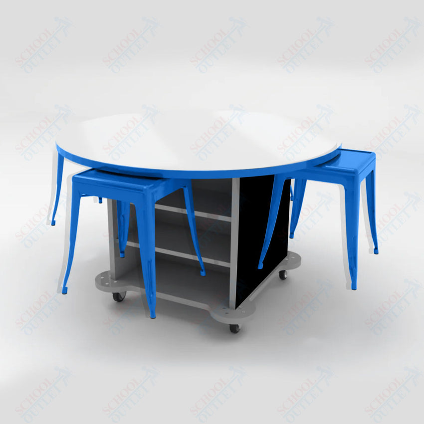 CEF Creation Cube Double - Sided Storage Table - 34"H, White Dry Erase Round Top, High - Pressure Laminate Base and 4 Metal Stools Included - SchoolOutlet
