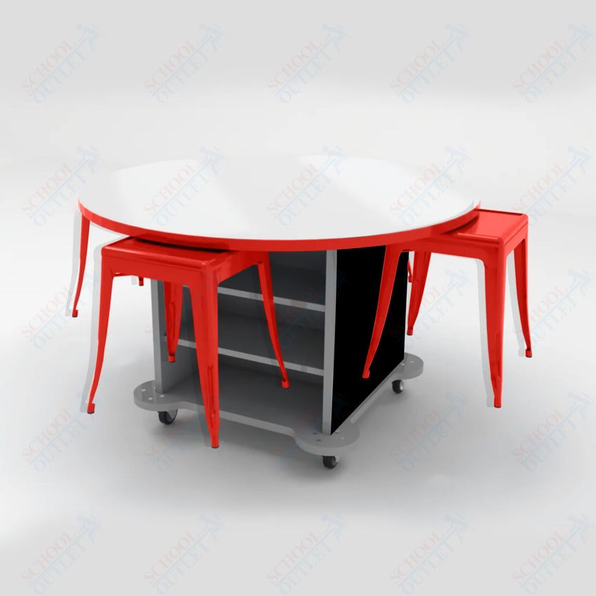 CEF Creation Cube Double - Sided Storage Table - 34"H, White Dry Erase Round Top, High - Pressure Laminate Base and 4 Metal Stools Included - SchoolOutlet