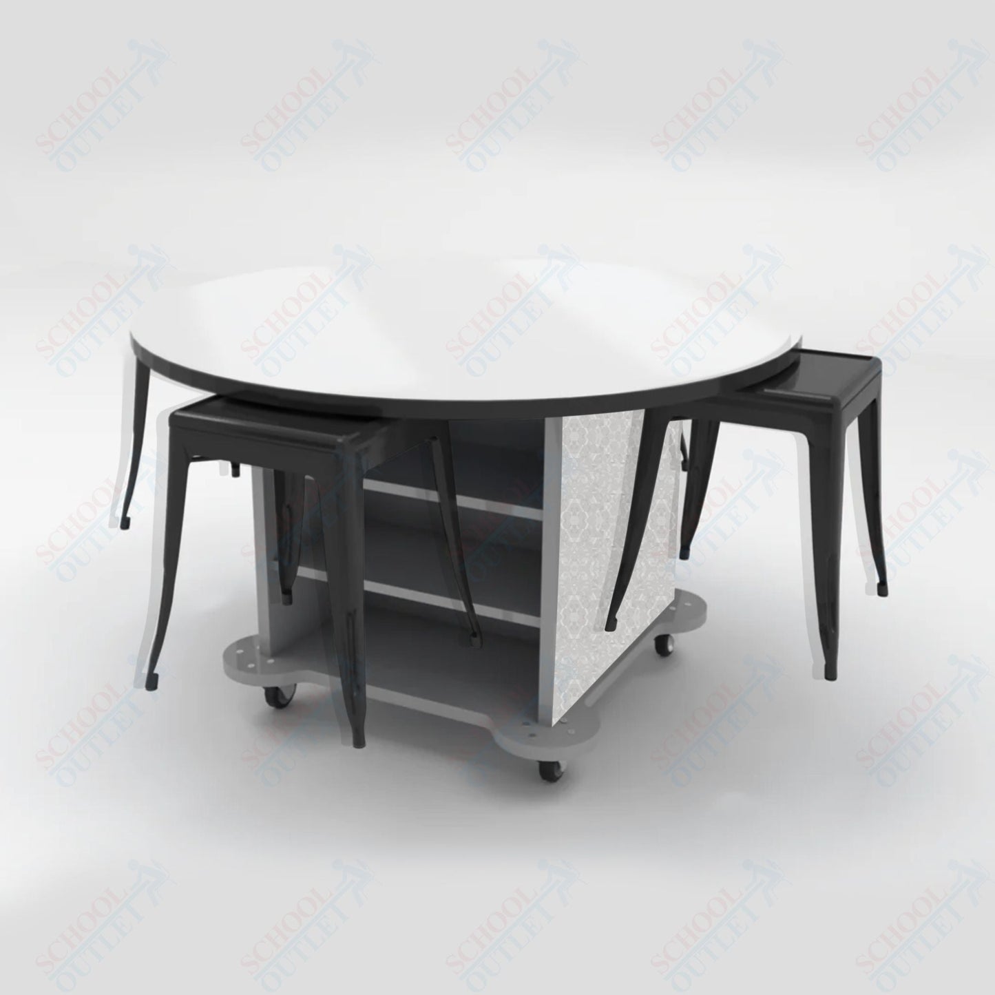 CEF Creation Cube Double - Sided Storage Table - 34"H, White Dry Erase Round Top, High - Pressure Laminate Base and 4 Metal Stools Included - SchoolOutlet