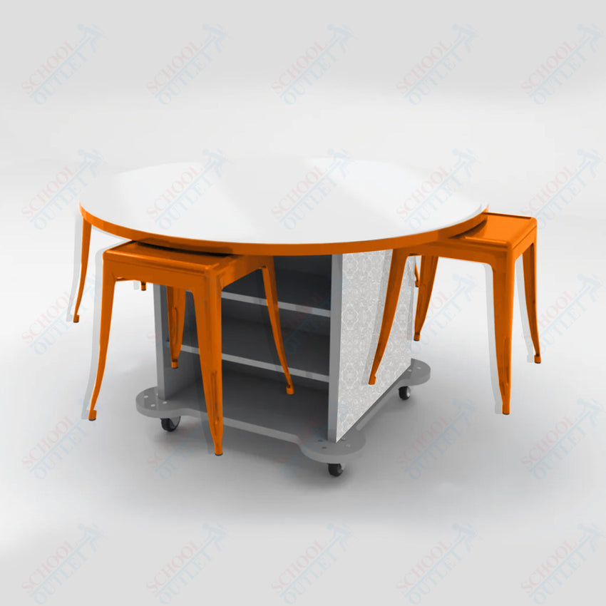 CEF Creation Cube Double - Sided Storage Table - 34"H, White Dry Erase Round Top, High - Pressure Laminate Base and 4 Metal Stools Included - SchoolOutlet