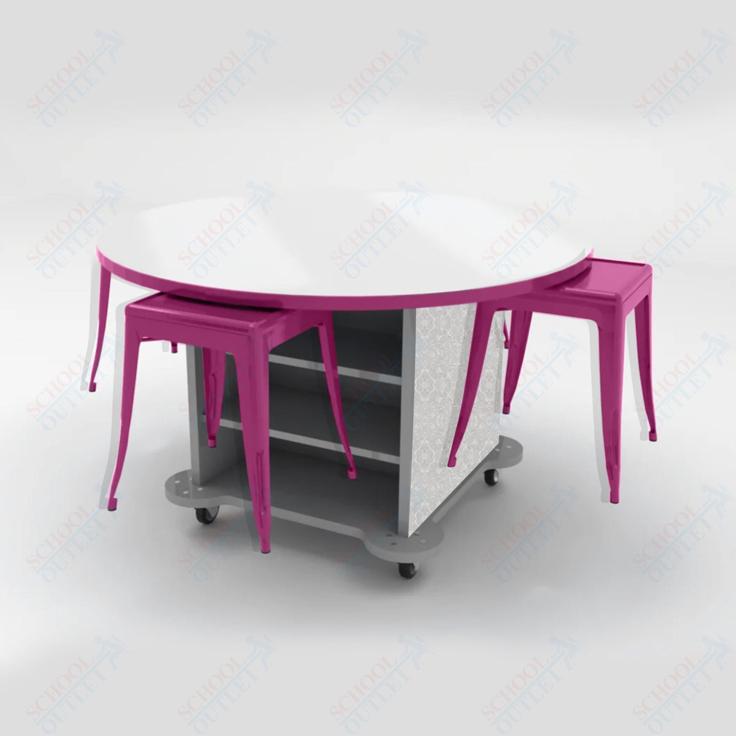 CEF Creation Cube Double - Sided Storage Table - 34"H, White Dry Erase Round Top, High - Pressure Laminate Base and 4 Metal Stools Included - SchoolOutlet