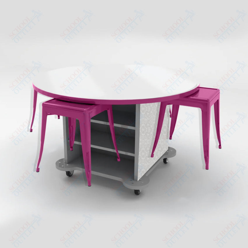 CEF Creation Cube Double - Sided Storage Table - 34"H, White Dry Erase Round Top, High - Pressure Laminate Base and 4 Metal Stools Included - SchoolOutlet