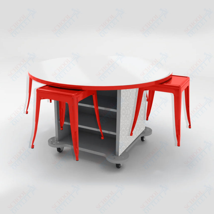 CEF Creation Cube Double - Sided Storage Table - 34"H, White Dry Erase Round Top, High - Pressure Laminate Base and 4 Metal Stools Included - SchoolOutlet