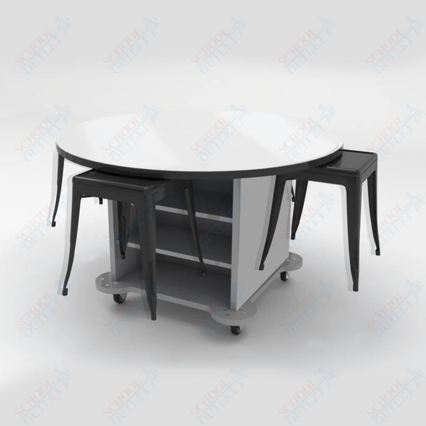 CEF Creation Cube Double - Sided Storage Table - 34"H, White Dry Erase Round Top, High - Pressure Laminate Base and 4 Metal Stools Included - SchoolOutlet