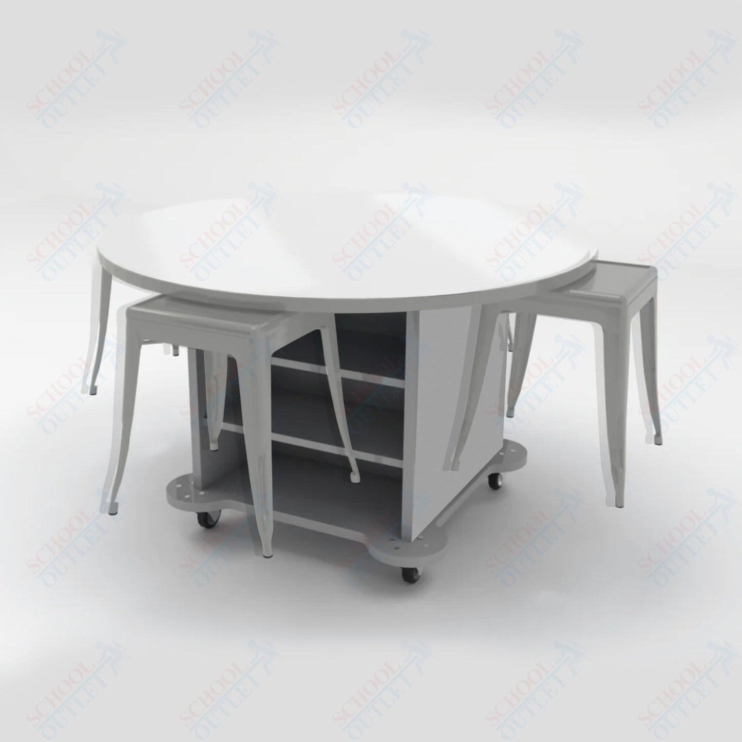 CEF Creation Cube Double - Sided Storage Table - 34"H, White Dry Erase Round Top, High - Pressure Laminate Base and 4 Metal Stools Included - SchoolOutlet