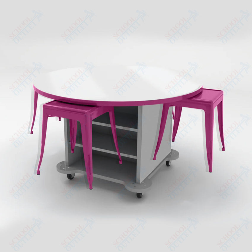 CEF Creation Cube Double - Sided Storage Table - 34"H, White Dry Erase Round Top, High - Pressure Laminate Base and 4 Metal Stools Included - SchoolOutlet