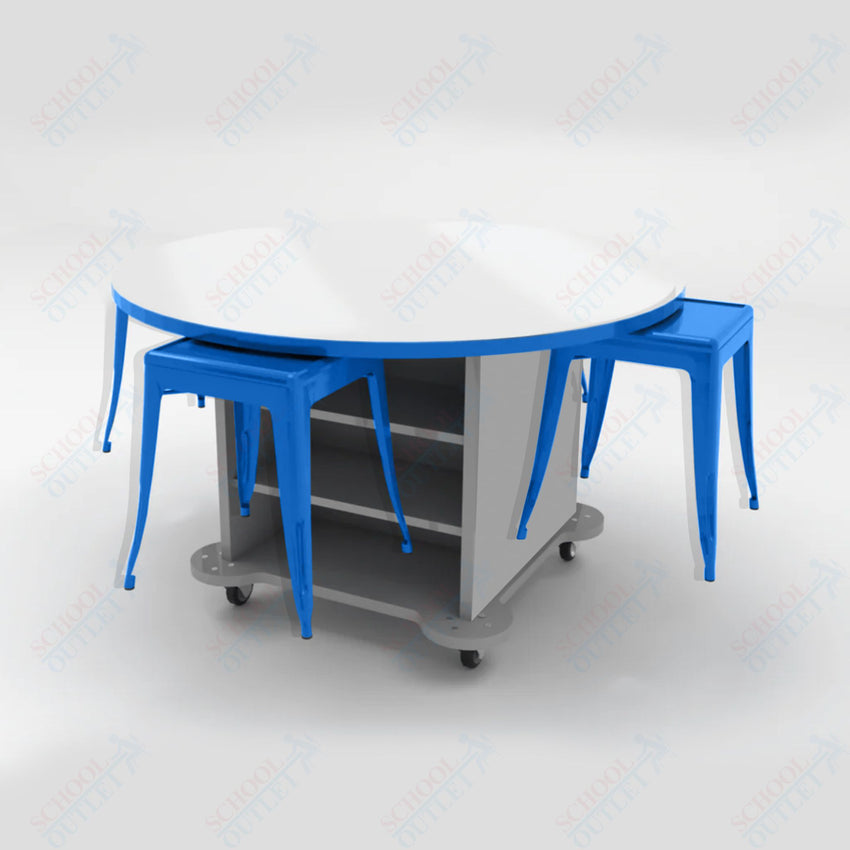 CEF Creation Cube Double - Sided Storage Table - 34"H, White Dry Erase Round Top, High - Pressure Laminate Base and 4 Metal Stools Included - SchoolOutlet