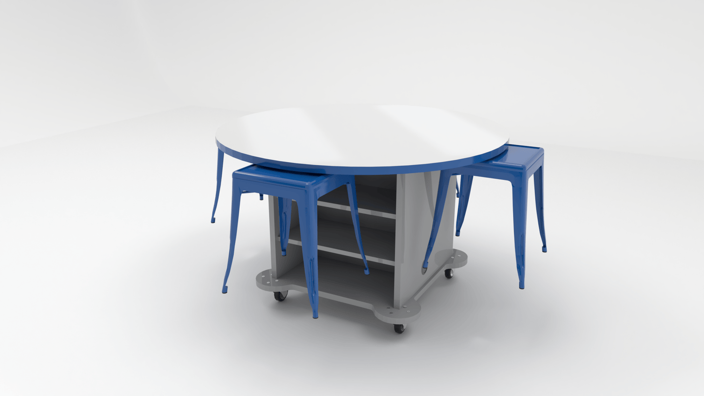 CEF Creation Cube Double-Sided Storage Table - 34"H, White Dry Erase Round Top, High-Pressure Laminate Base and 4 Metal Stools Included - SchoolOutlet
