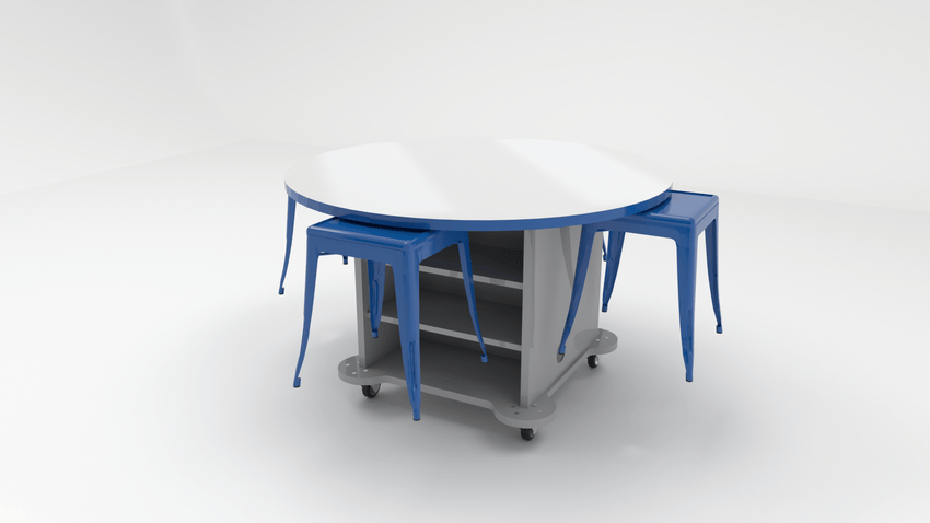 CEF Creation Cube Double-Sided Storage Table - 34"H, White Dry Erase Round Top, High-Pressure Laminate Base and 4 Metal Stools Included - SchoolOutlet
