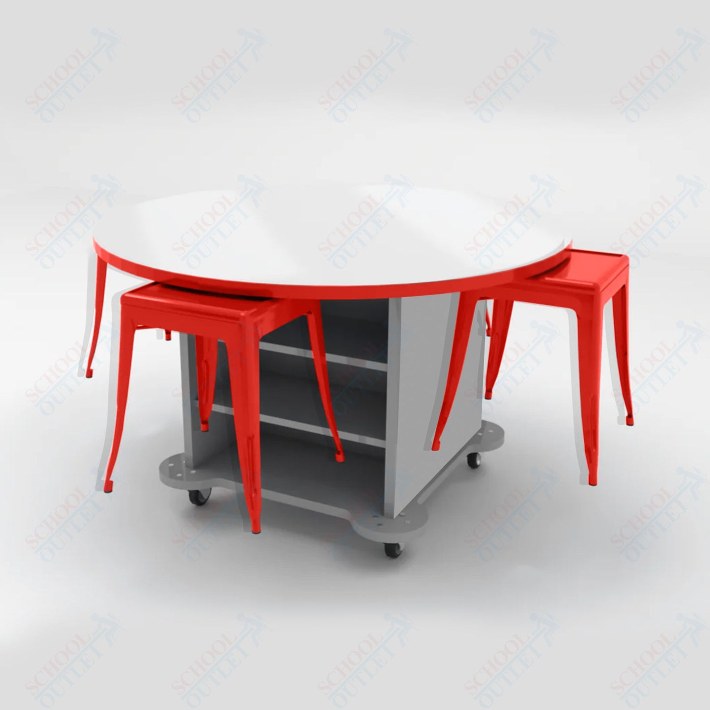 CEF Creation Cube Double - Sided Storage Table - 34"H, White Dry Erase Round Top, High - Pressure Laminate Base and 4 Metal Stools Included - SchoolOutlet