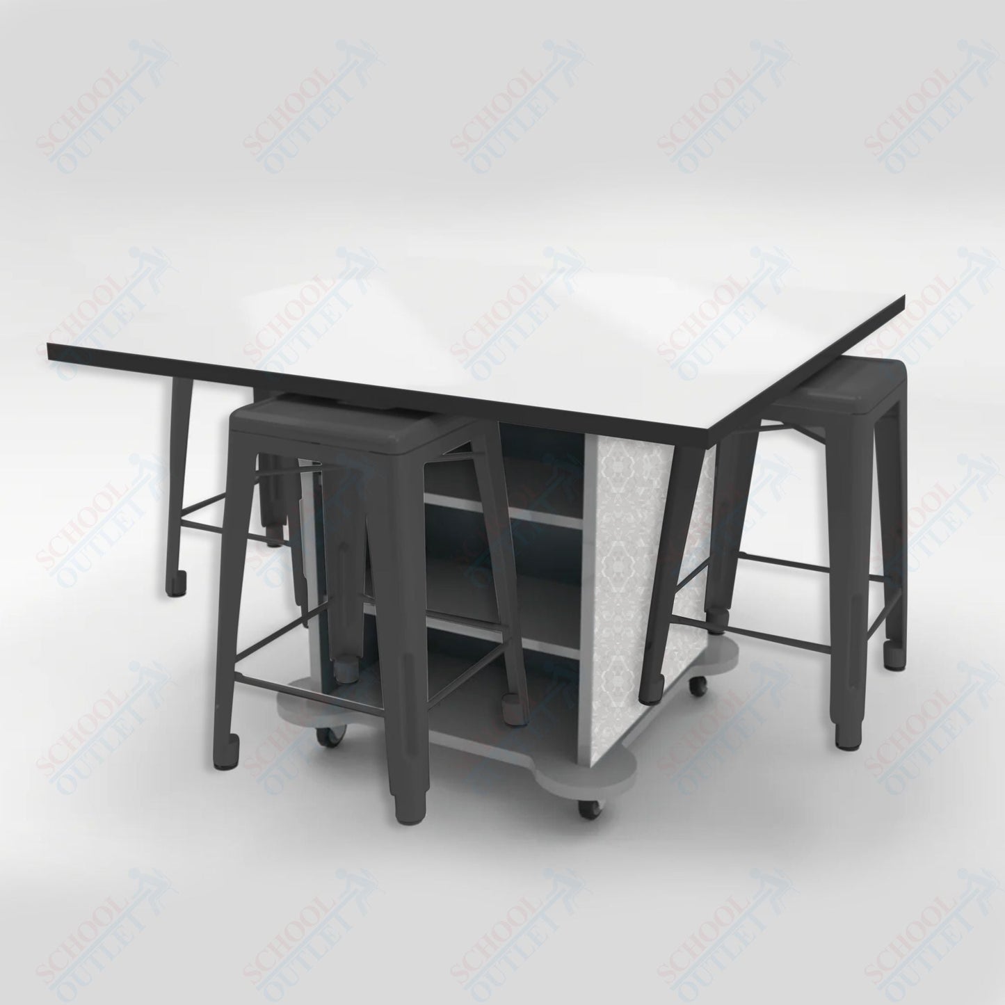 CEF Creation Cube Double - Sided Storage Table - 34"H, White Dry Erase Square Top, High - Pressure Laminate Base and 4 Metal Stools Included - SchoolOutlet