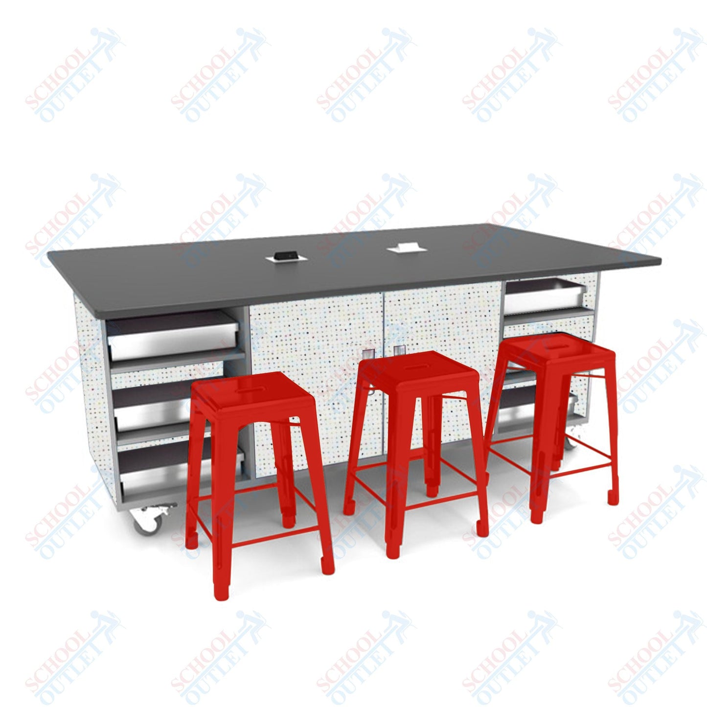 CEF ED Double Table 36"H Tough Top, Laminate Base with 6 Stools, Storage bins, and Electrical Outlets Included. - SchoolOutlet