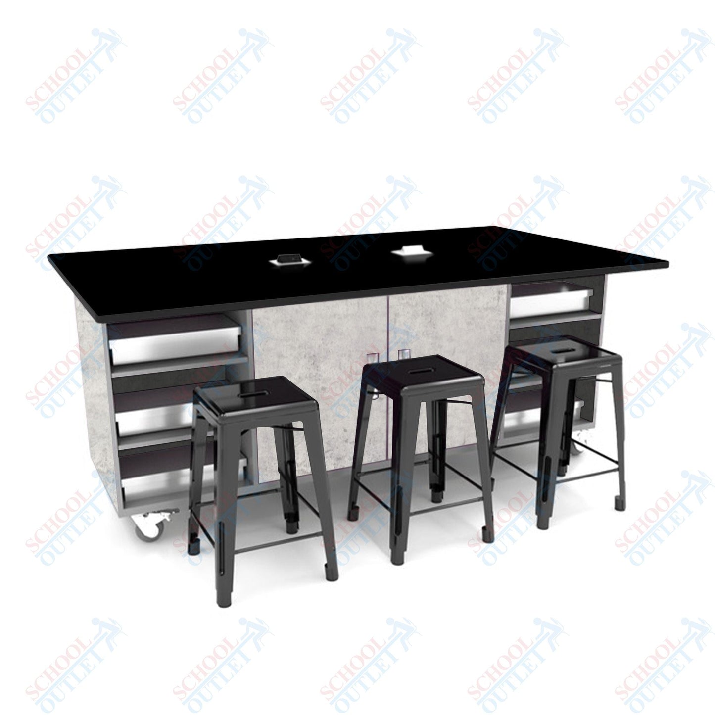 CEF ED Double Table 42"H Tough Top, Laminate Base with 6 Stools, Storage bins, and Electrical Outlets Included. - SchoolOutlet