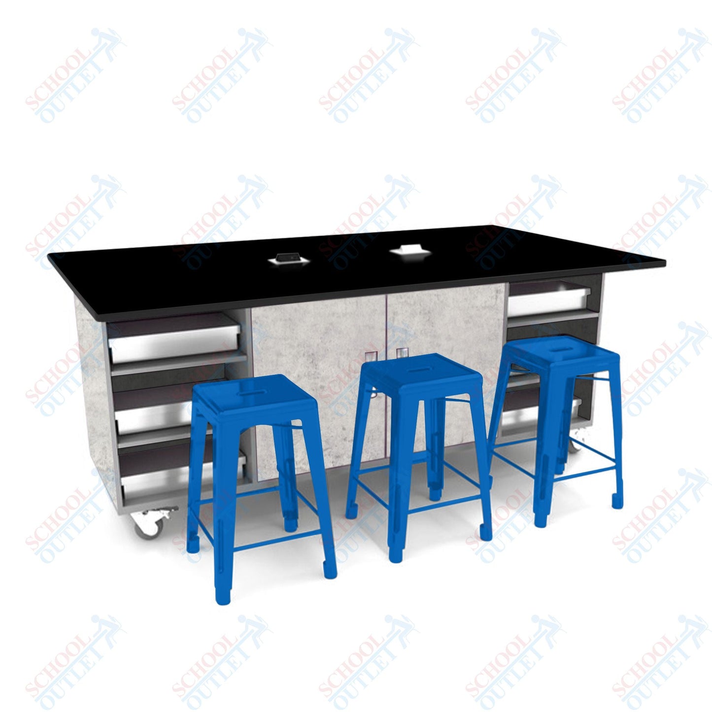 CEF ED Double Table 42"H Tough Top, Laminate Base with 6 Stools, Storage bins, and Electrical Outlets Included. - SchoolOutlet