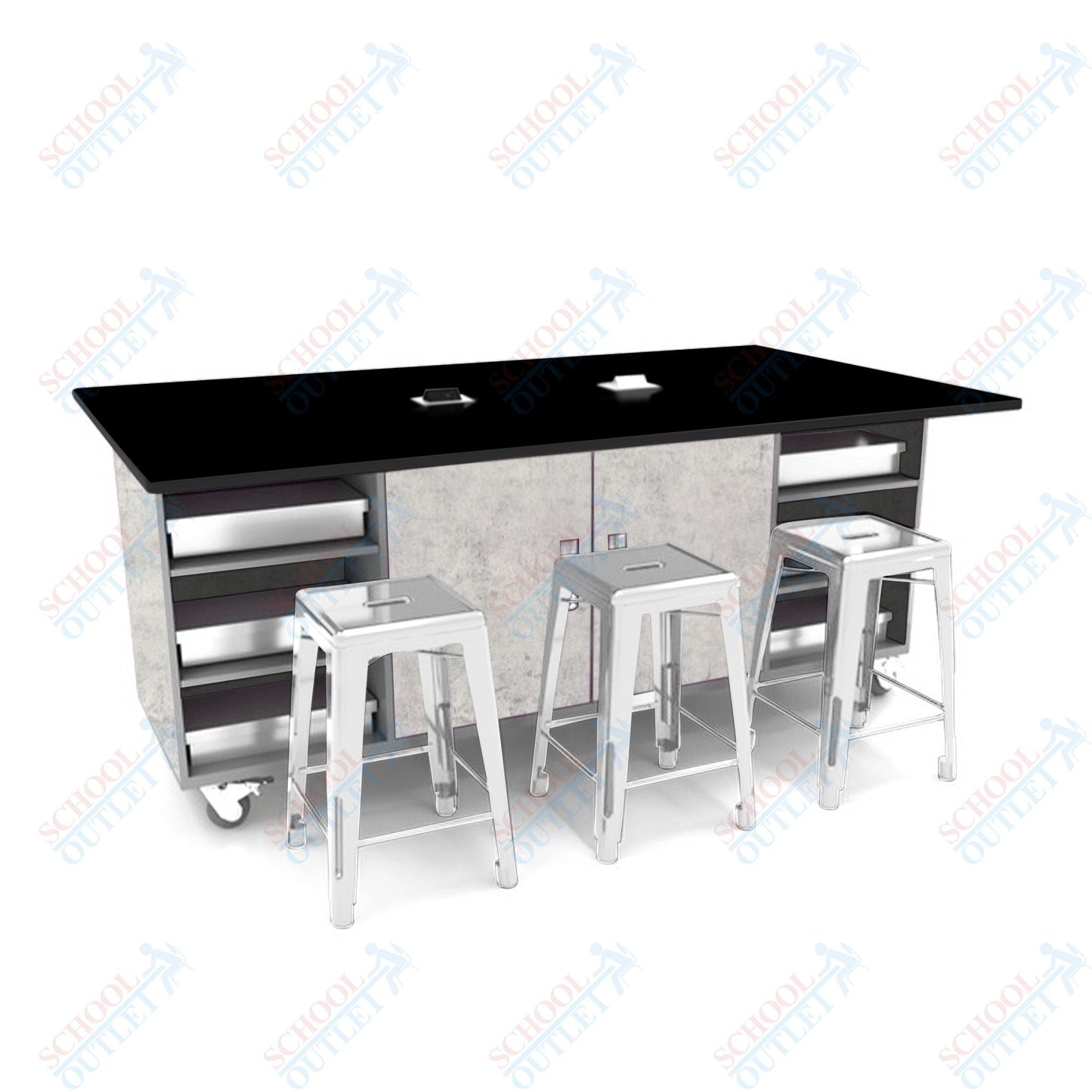 CEF ED Double Table 42"H Tough Top, Laminate Base with 6 Stools, Storage bins, and Electrical Outlets Included. - SchoolOutlet