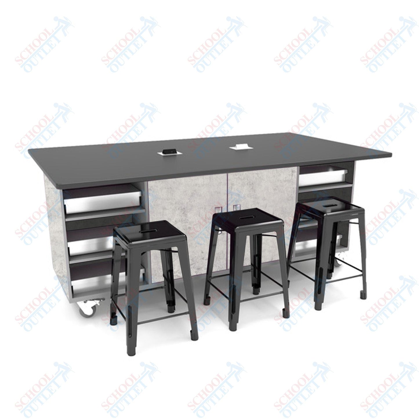CEF ED Double Table 42"H Tough Top, Laminate Base with 6 Stools, Storage bins, and Electrical Outlets Included. - SchoolOutlet