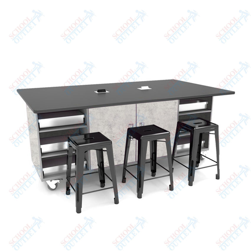 CEF ED Double Table 42"H Tough Top, Laminate Base with 6 Stools, Storage bins, and Electrical Outlets Included. - SchoolOutlet