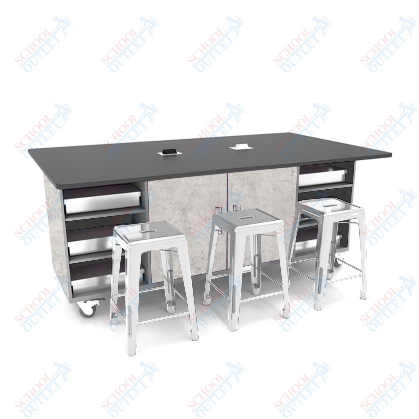 CEF ED Double Table 42"H Tough Top, Laminate Base with 6 Stools, Storage bins, and Electrical Outlets Included. - SchoolOutlet