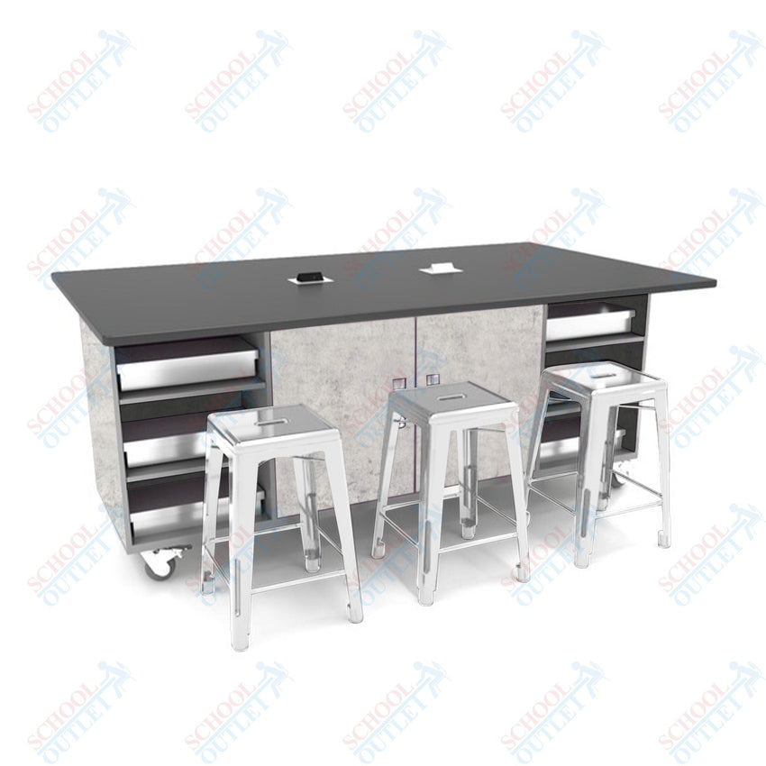 CEF ED Double Table 42"H Tough Top, Laminate Base with 6 Stools, Storage bins, and Electrical Outlets Included. - SchoolOutlet