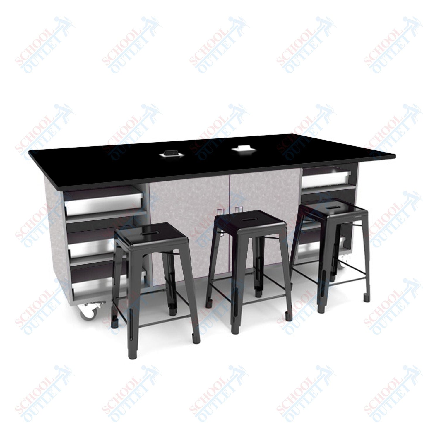 CEF ED Double Table 42"H Tough Top, Laminate Base with 6 Stools, Storage bins, and Electrical Outlets Included. - SchoolOutlet