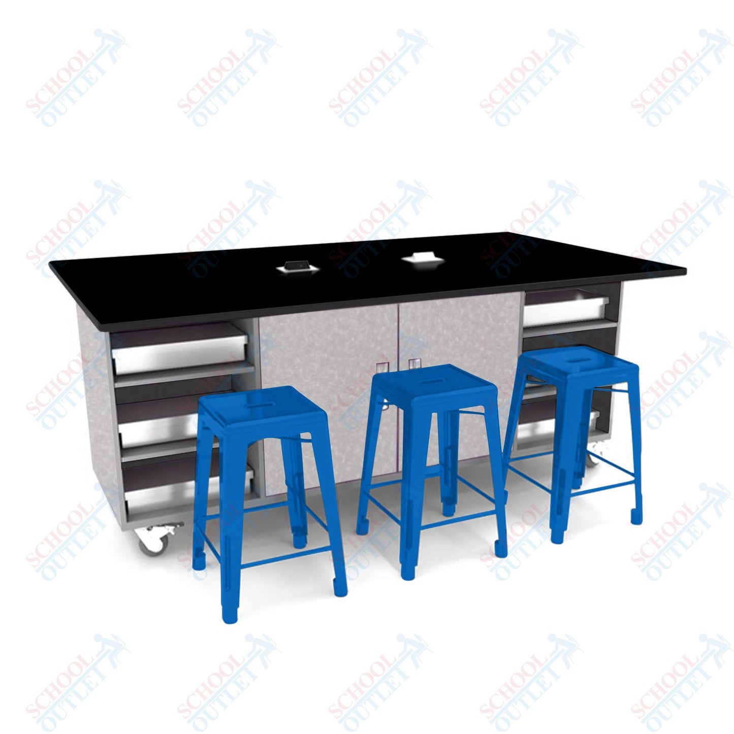 CEF ED Double Table 42"H Tough Top, Laminate Base with 6 Stools, Storage bins, and Electrical Outlets Included. - SchoolOutlet