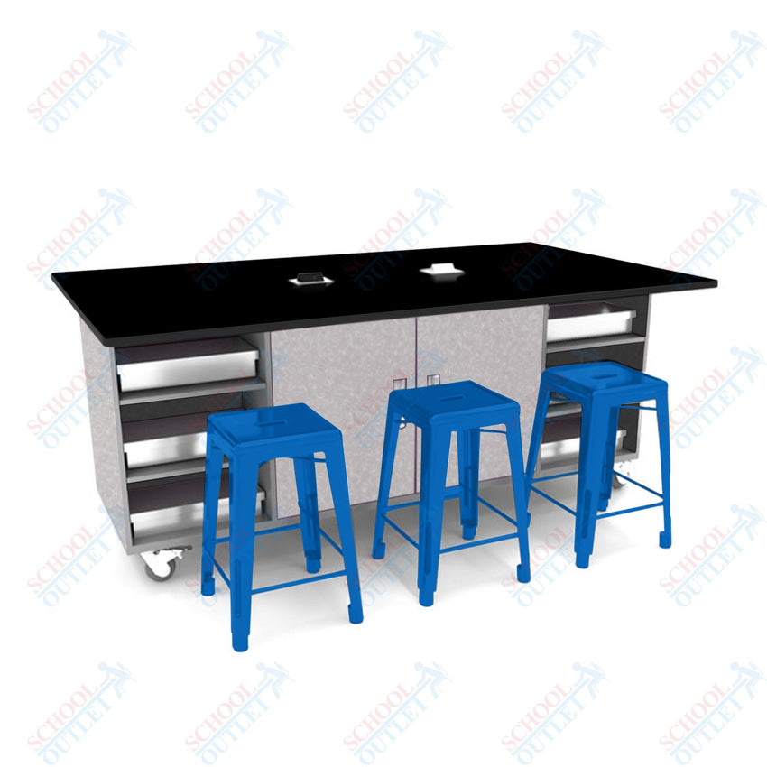 CEF ED Double Table 42"H Tough Top, Laminate Base with 6 Stools, Storage bins, and Electrical Outlets Included. - SchoolOutlet