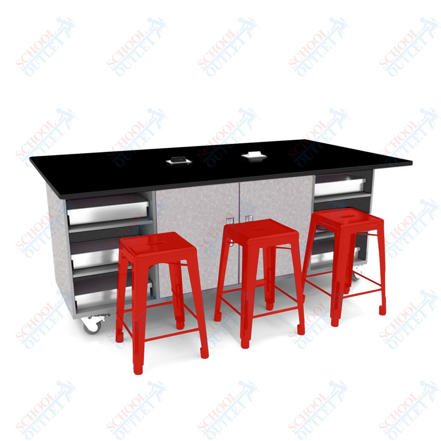 CEF ED Double Table 42"H Tough Top, Laminate Base with 6 Stools, Storage bins, and Electrical Outlets Included. - SchoolOutlet