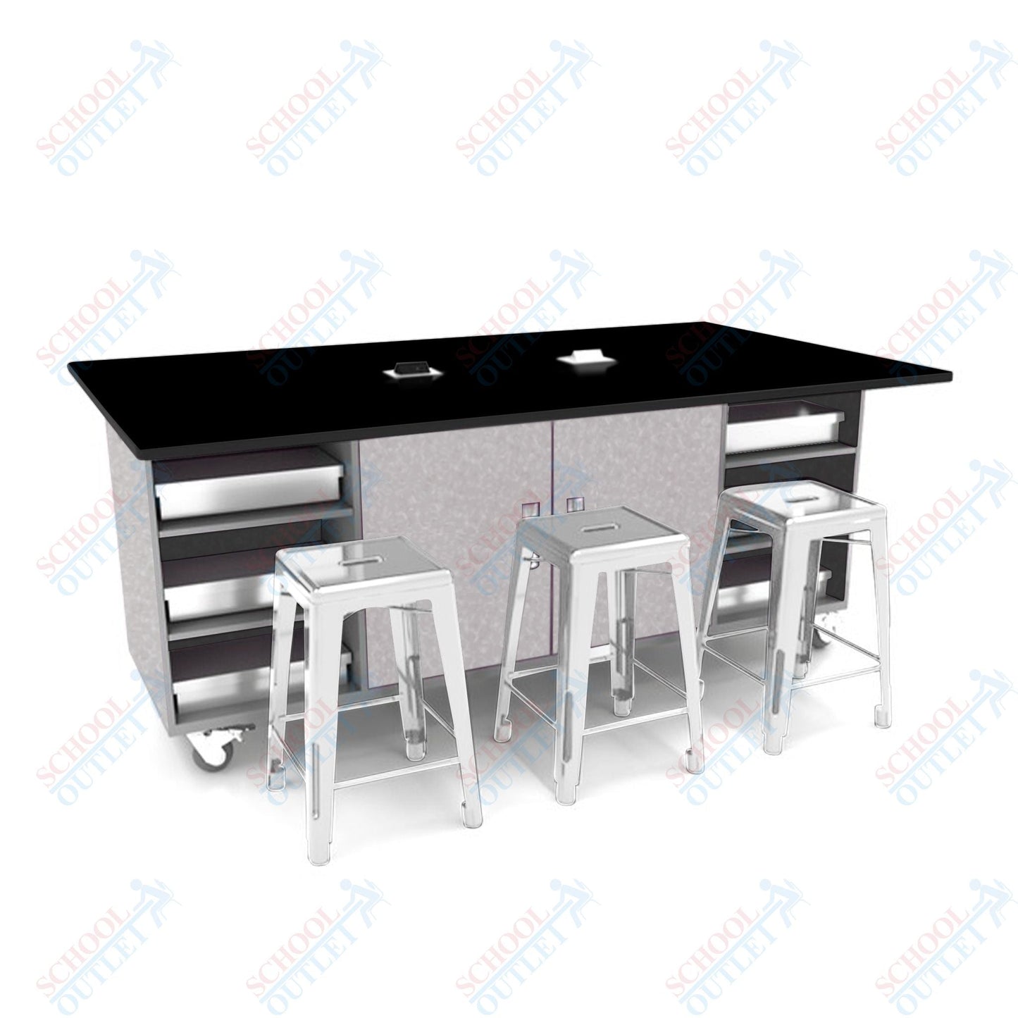 CEF ED Double Table 42"H Tough Top, Laminate Base with 6 Stools, Storage bins, and Electrical Outlets Included. - SchoolOutlet