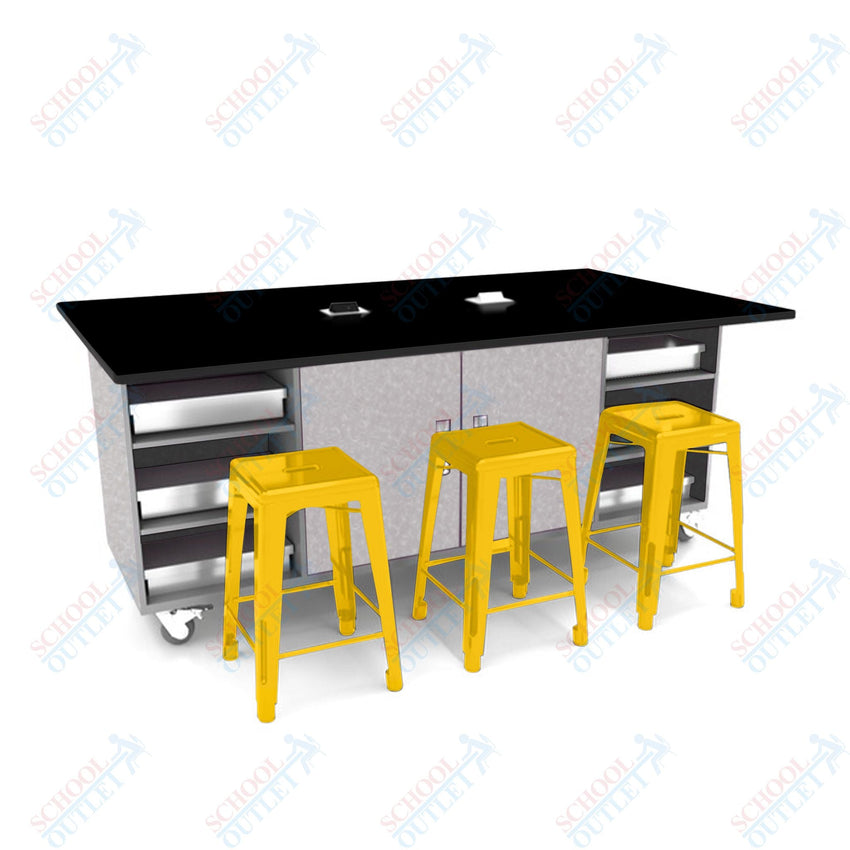 CEF ED Double Table 42"H Tough Top, Laminate Base with 6 Stools, Storage bins, and Electrical Outlets Included. - SchoolOutlet