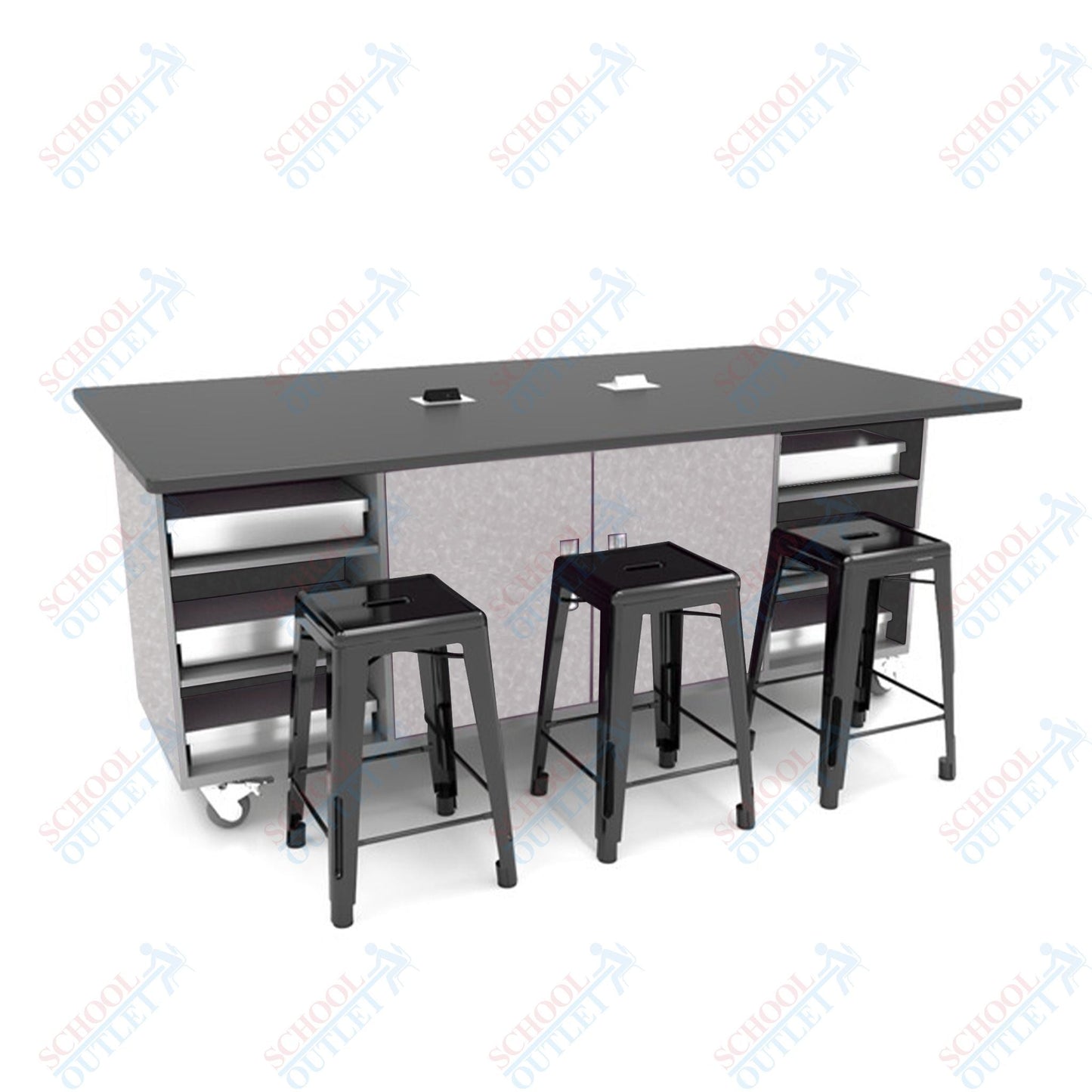 CEF ED Double Table 42"H Tough Top, Laminate Base with 6 Stools, Storage bins, and Electrical Outlets Included. - SchoolOutlet
