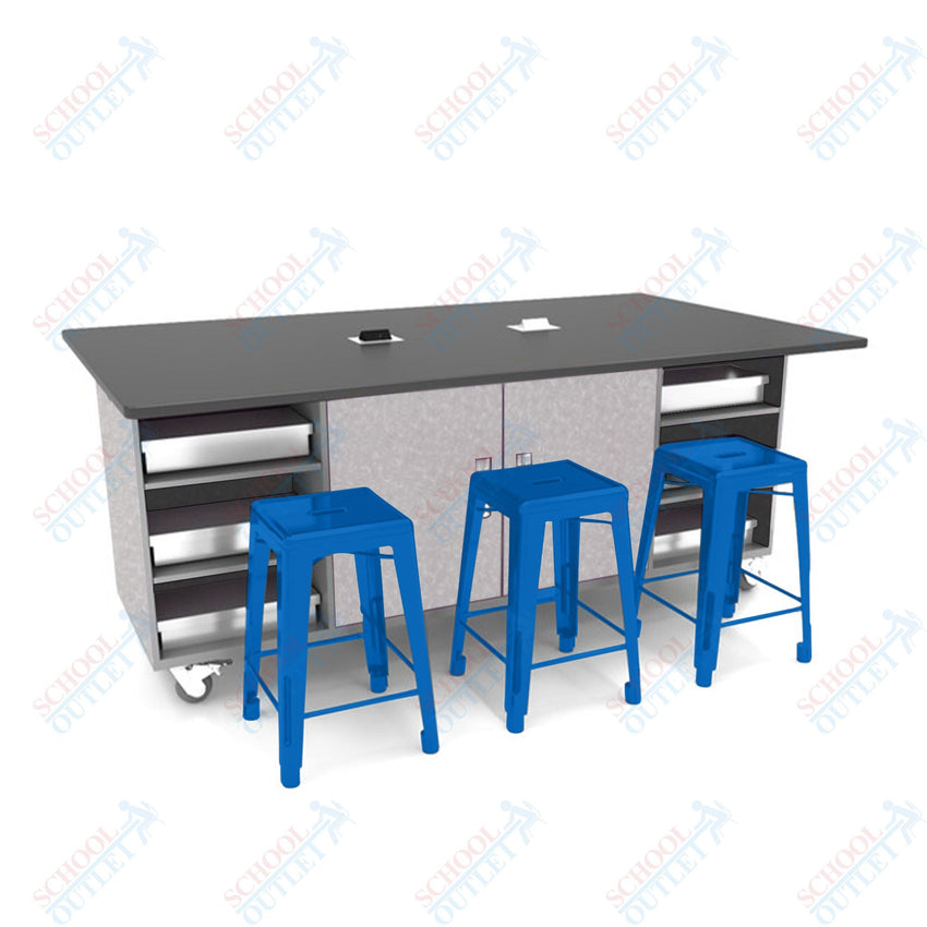 CEF ED Double Table 42"H Tough Top, Laminate Base with 6 Stools, Storage bins, and Electrical Outlets Included. - SchoolOutlet