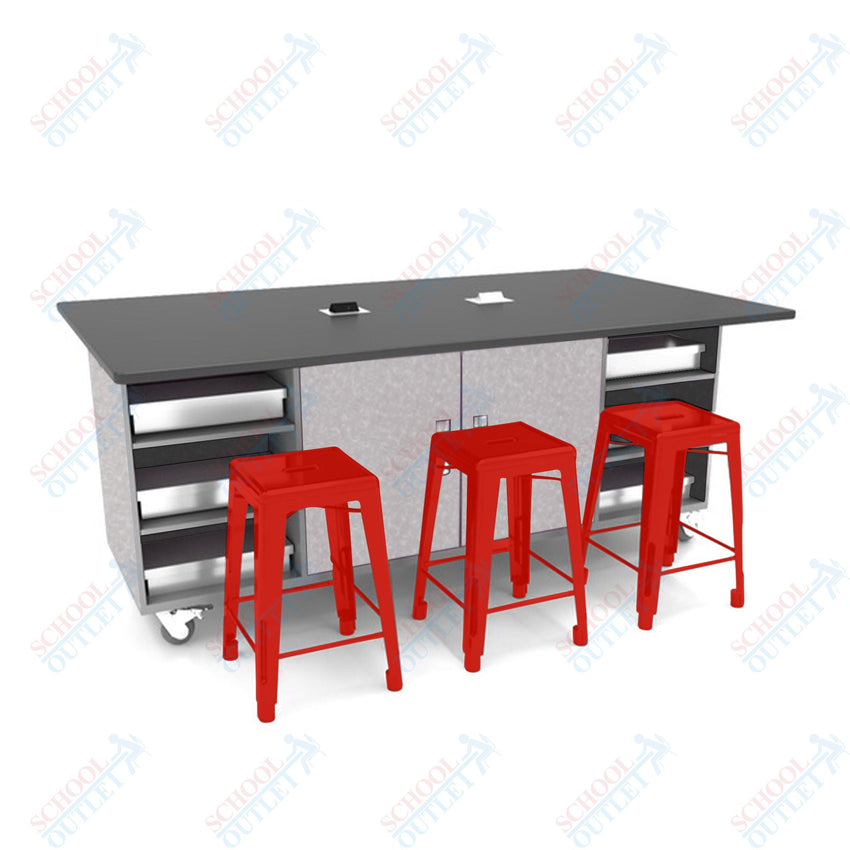 CEF ED Double Table 42"H Tough Top, Laminate Base with 6 Stools, Storage bins, and Electrical Outlets Included. - SchoolOutlet