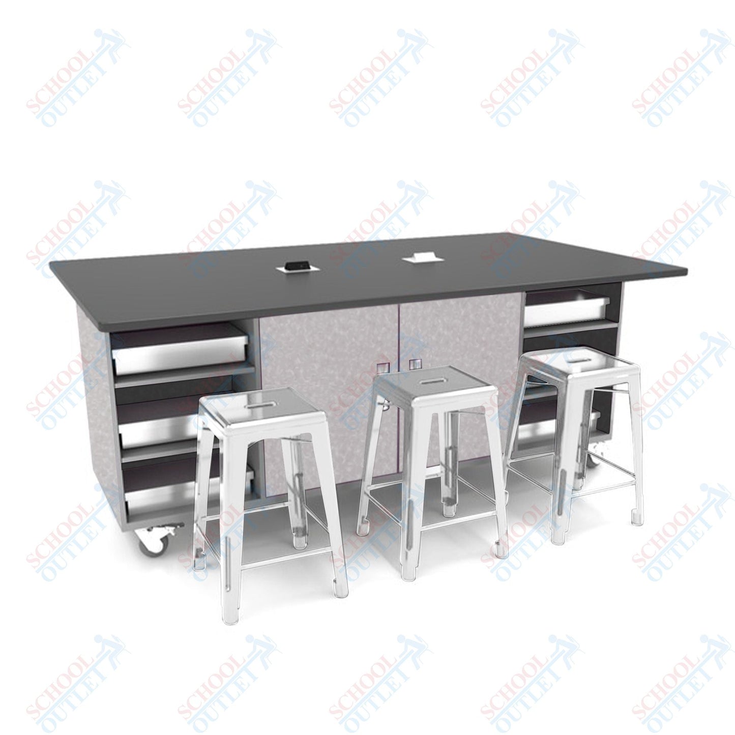 CEF ED Double Table 42"H Tough Top, Laminate Base with 6 Stools, Storage bins, and Electrical Outlets Included. - SchoolOutlet