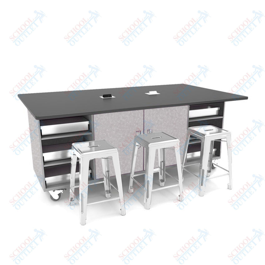 CEF ED Double Table 42"H Tough Top, Laminate Base with 6 Stools, Storage bins, and Electrical Outlets Included. - SchoolOutlet