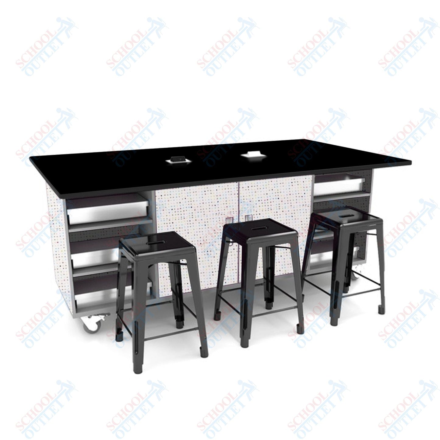 CEF ED Double Table 42"H Tough Top, Laminate Base with 6 Stools, Storage bins, and Electrical Outlets Included. - SchoolOutlet