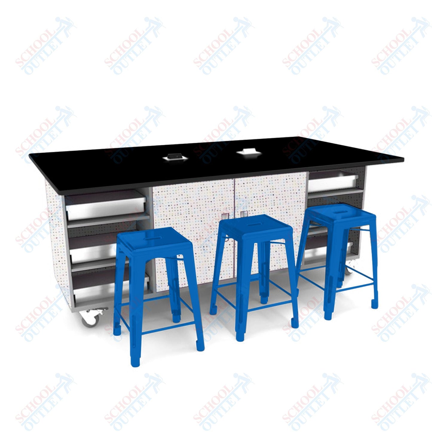 CEF ED Double Table 42"H Tough Top, Laminate Base with 6 Stools, Storage bins, and Electrical Outlets Included. - SchoolOutlet