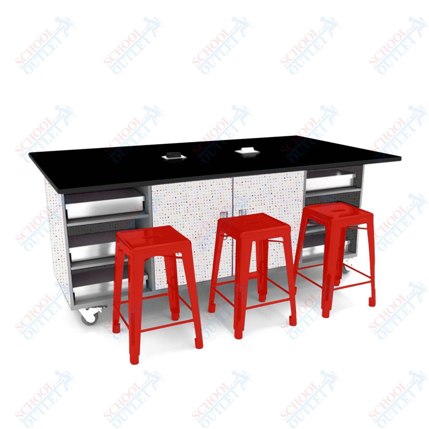 CEF ED Double Table 42"H Tough Top, Laminate Base with 6 Stools, Storage bins, and Electrical Outlets Included. - SchoolOutlet